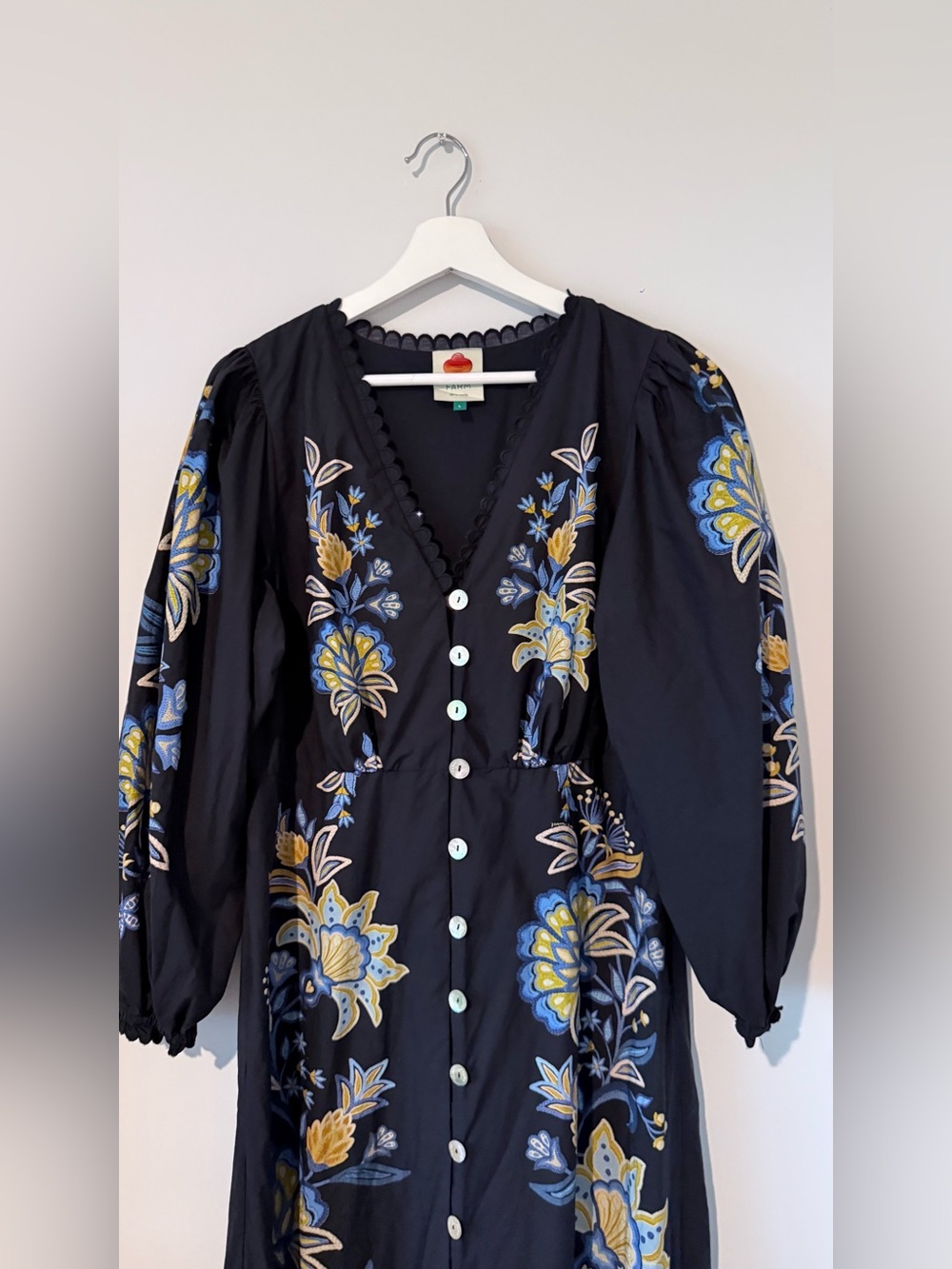 FARM Rio Stitched Garden Floral Black Midi Dress Fairycore Boho Women L Vacation - Picture 8 of 16